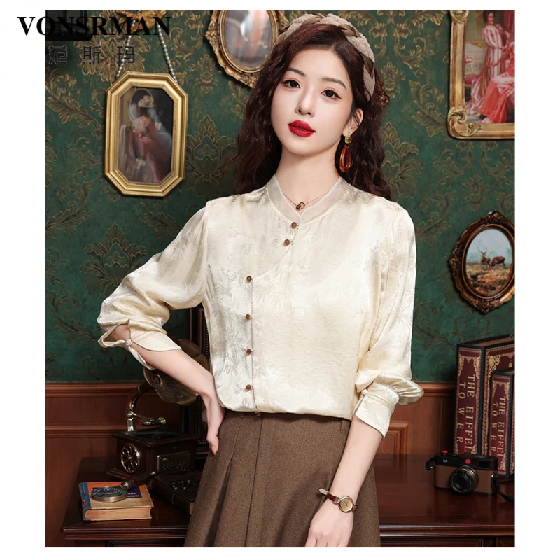 新中式国风缎面提花衬衫女士2025秋季高级感轻奢长袖衬衣别致洋气