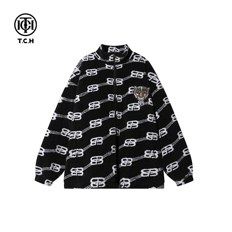 奥莱-时尚潮牌花豹头刺绣烫钻黑色拉链颗粒绒外套S69D276036