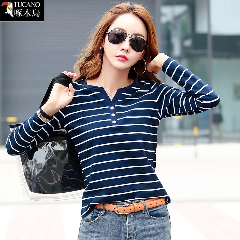 啄木鸟春秋长袖简约通勤T恤减龄妈妈装女新款条纹拼接撞色上衣ins