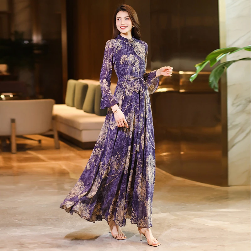 王小鸭紫色碎花连衣裙女2025秋季新款高级感时尚气质修身大摆长裙