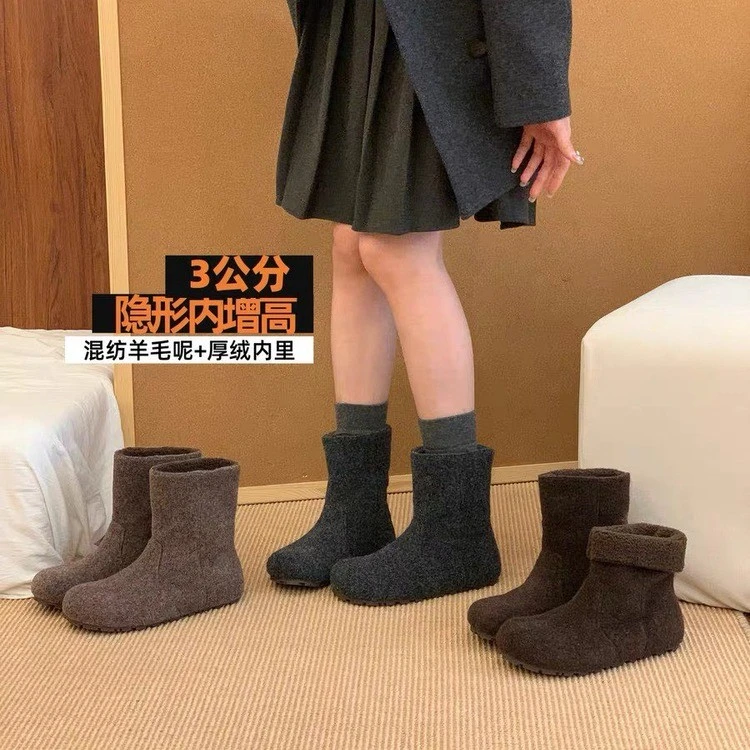 内增高复古百搭呢子面短靴女2025秋冬灰色马丁靴圆头短筒勃肯靴子