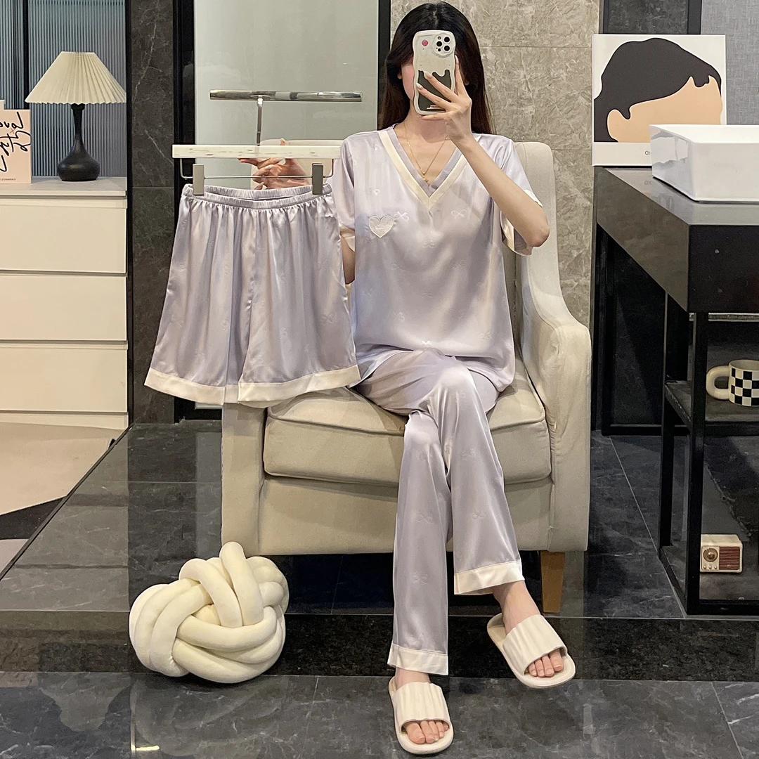 冰丝睡衣女夏季短袖三件套装可外穿2025新款高级感浅紫凉感家居服