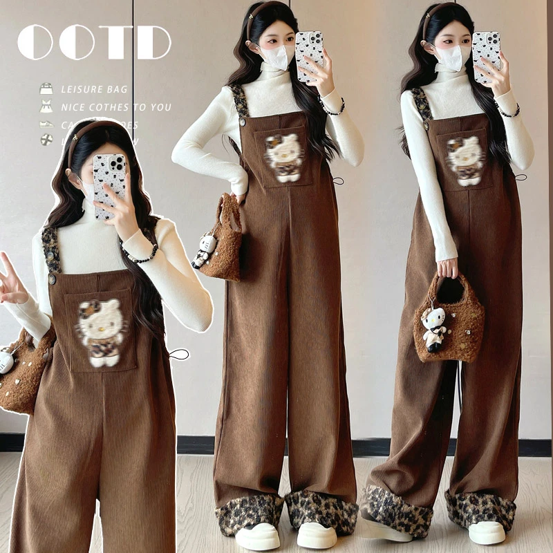 2025年秋冬新款针织打底卡通孕妇加绒时尚背带裤孕妇套装