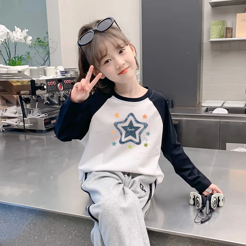 女童纯棉秋款长袖t恤春秋洋气儿童印花插肩袖打底外穿撞色上衣服