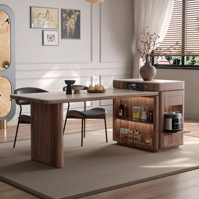中古风小户型家用洞石岩板餐桌简约可伸缩实木胡桃木岛台餐桌一体