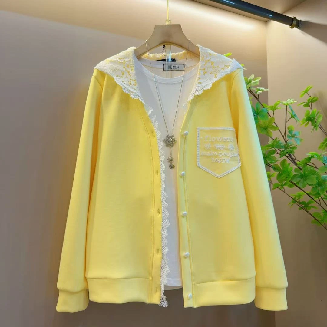 2025春季新款开衫洋气时尚蕾丝连帽飘拼接外套（长62左右）