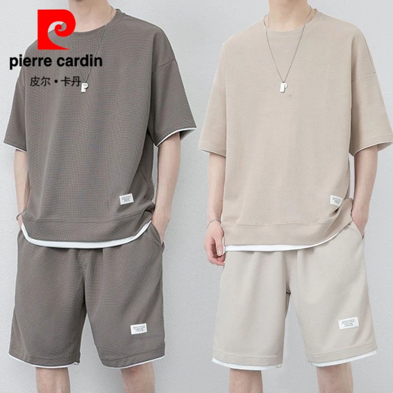 皮尔卡丹潮流新款短袖短裤套装港风聚酯纤维四季休闲男装宽松款