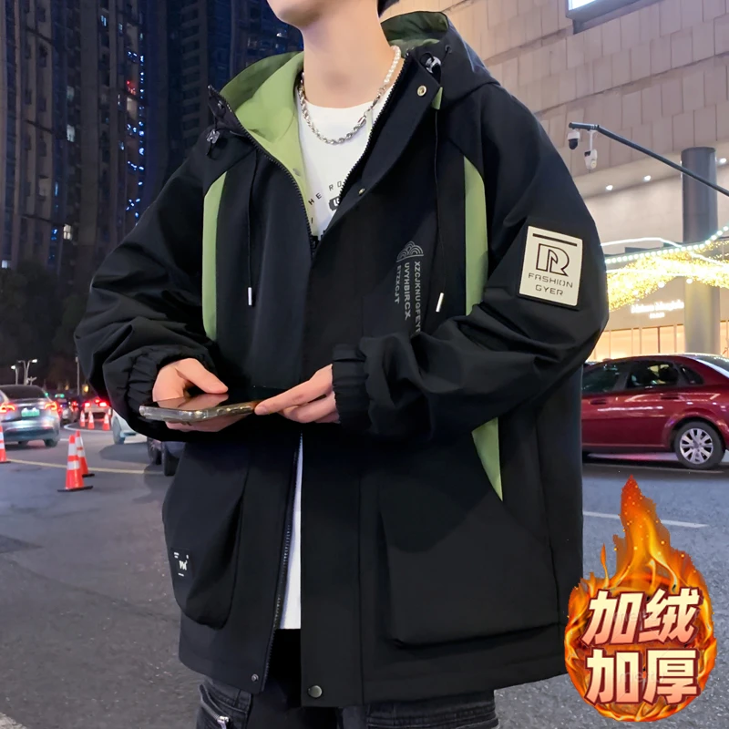 加绒加厚外套男新款冬季学生防寒服学院风青少年棉衣百搭男装夹克