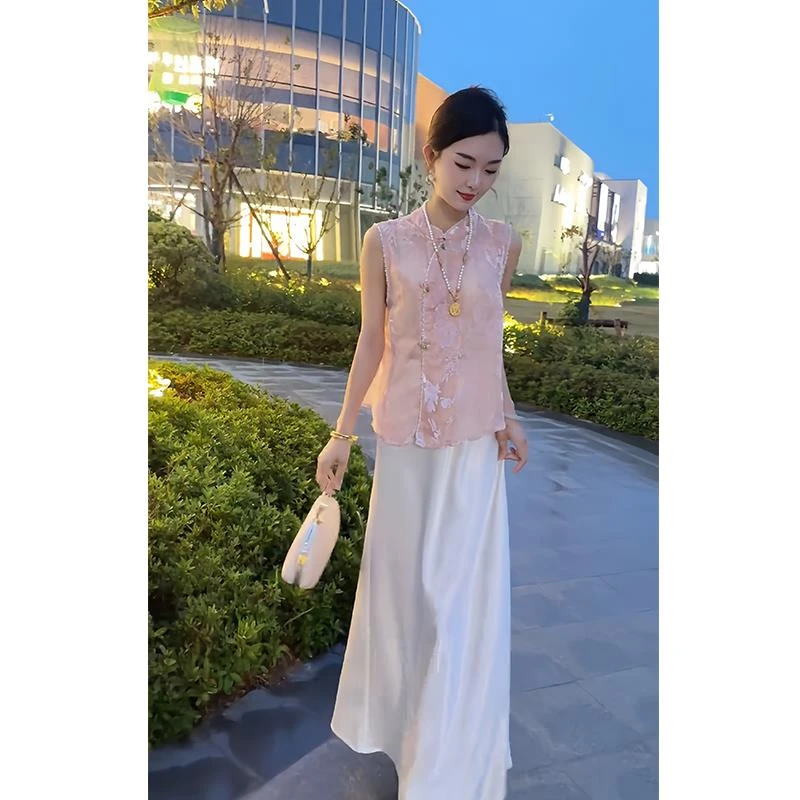 新中式国风套装女2025新款独特漂亮盘扣无袖马甲上衣半身裙两件套