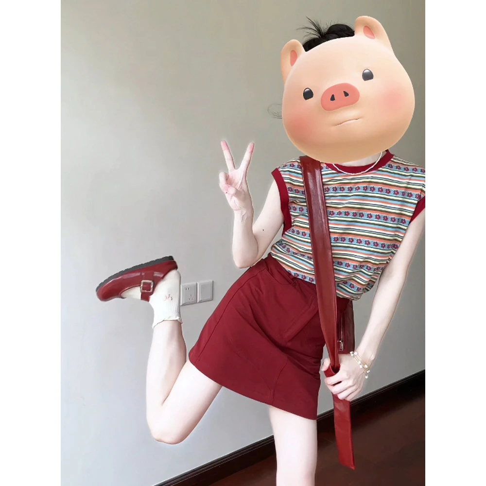 洋气衣服女2025夏季气质圆领无袖条纹上衣红色显瘦半身裙气质套装