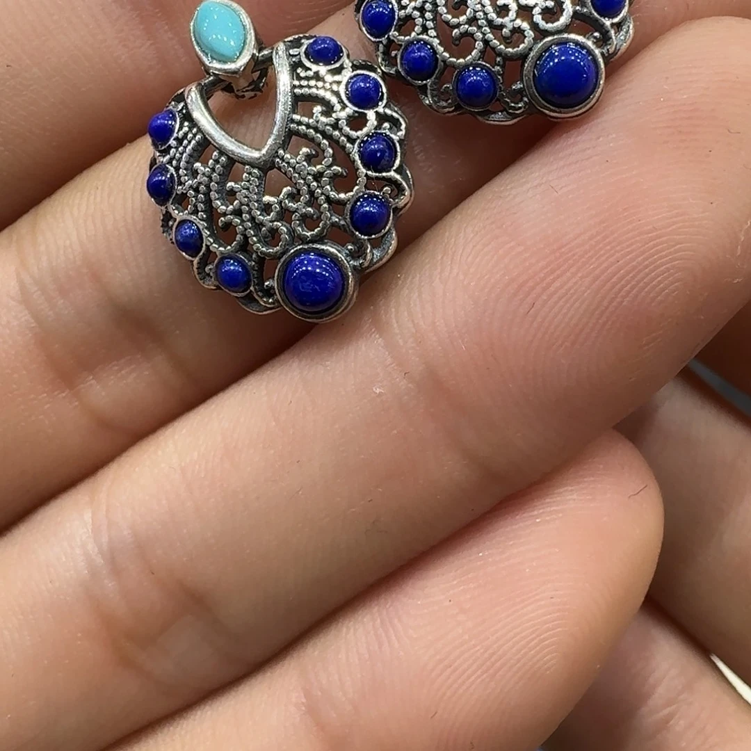 会***笑青金石银S925镶嵌耳饰