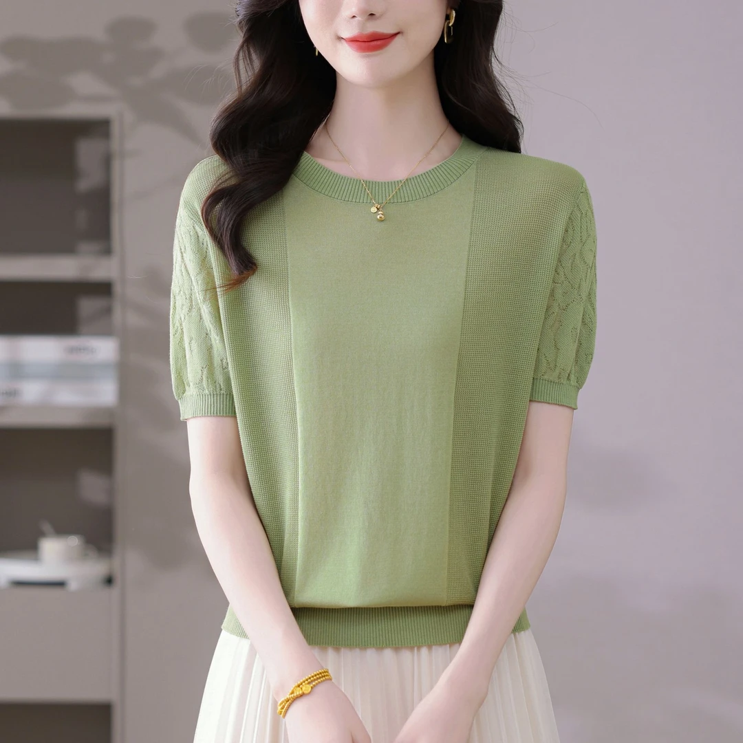 短袖t恤百搭女宽松显瘦上衣2025洋气高档天丝含桑蚕丝提花针织衫