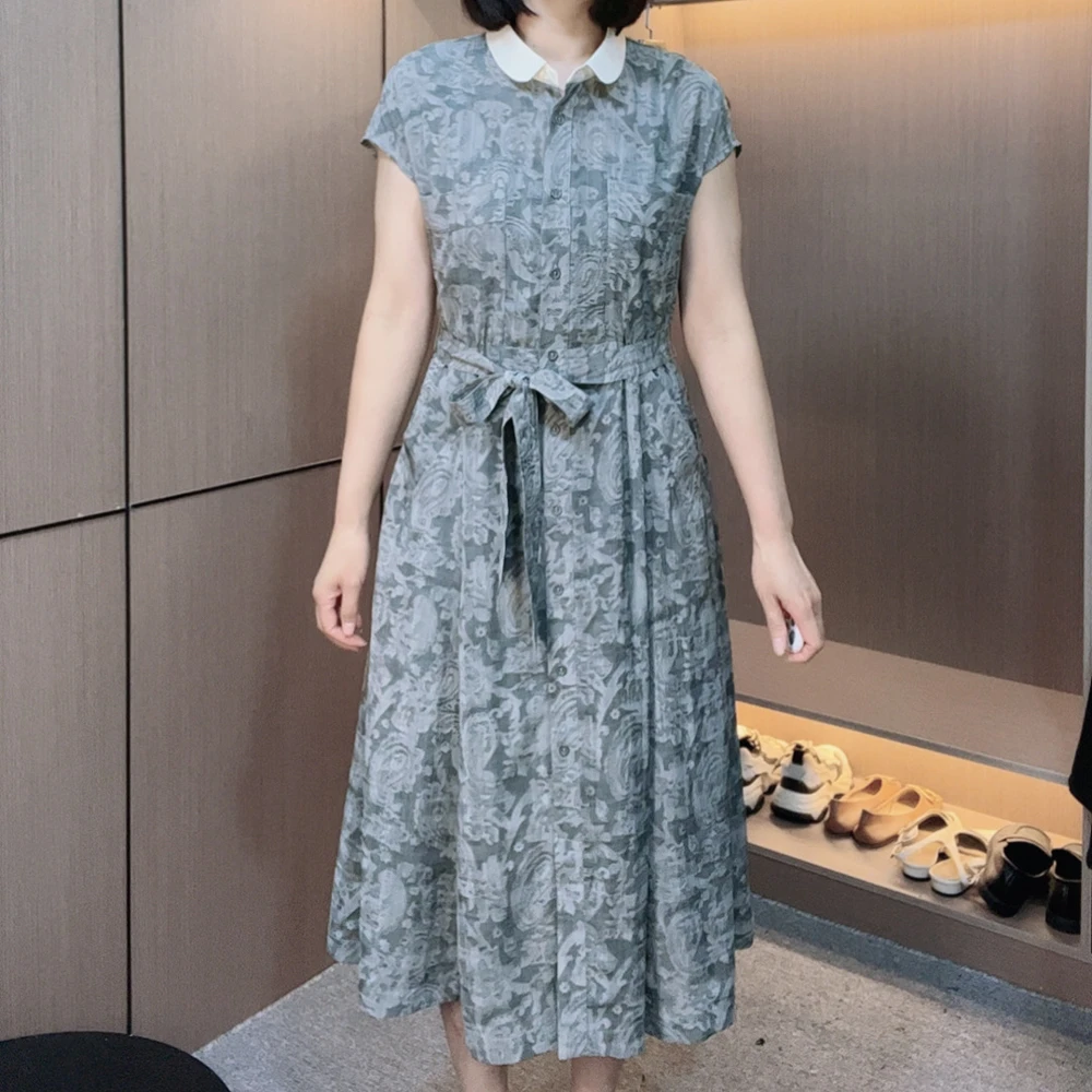 林姐女装气质时尚国风收腰印花修身优雅中长款显瘦夏季连衣裙5065