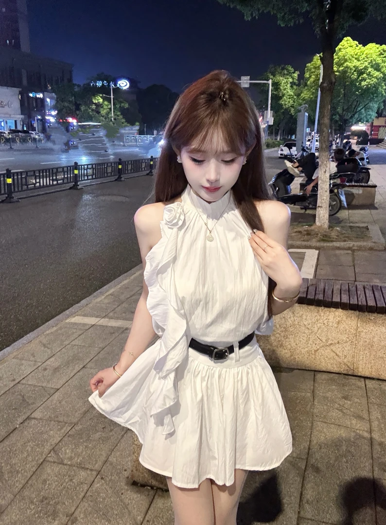 【8523玫瑰飘带无袖衬衣+百褶短裙配腰带】