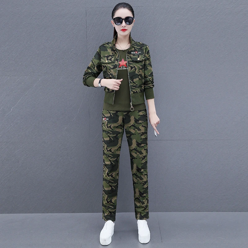 逸阳迷彩女套装春秋短款潮流宽松运动休闲三件套洋气百搭显瘦外套