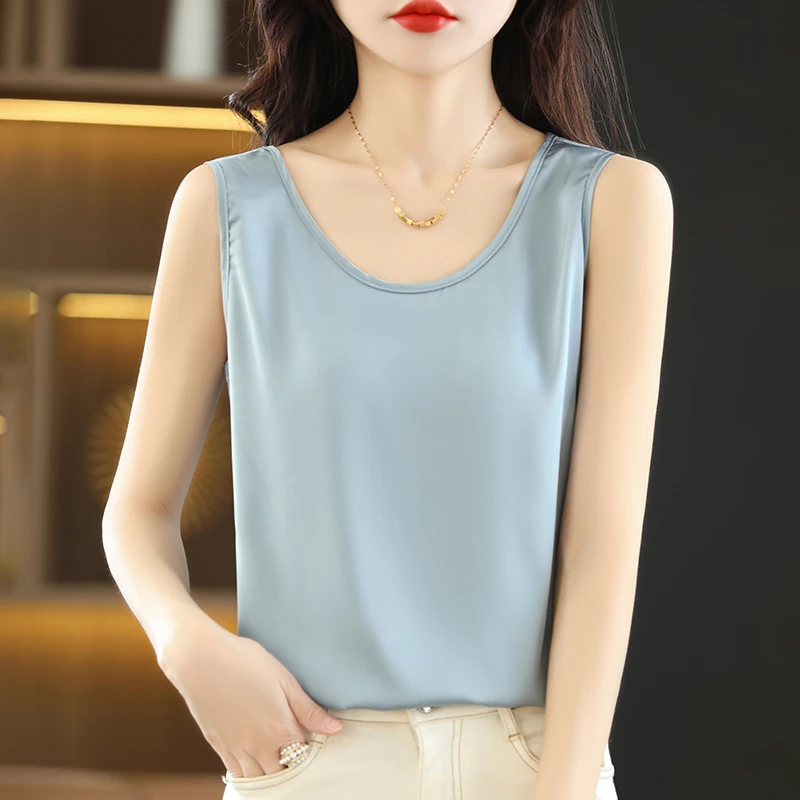 小吊带背心女u领真桑蚕夏套头宽松丝透气爆款缎面短袖气质时尚