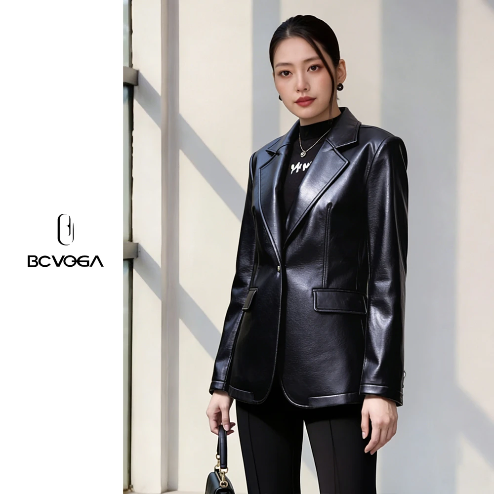 BCVOGA后现代气质休闲特调安可拉红高级中长款宽松皮衣短款皮外套