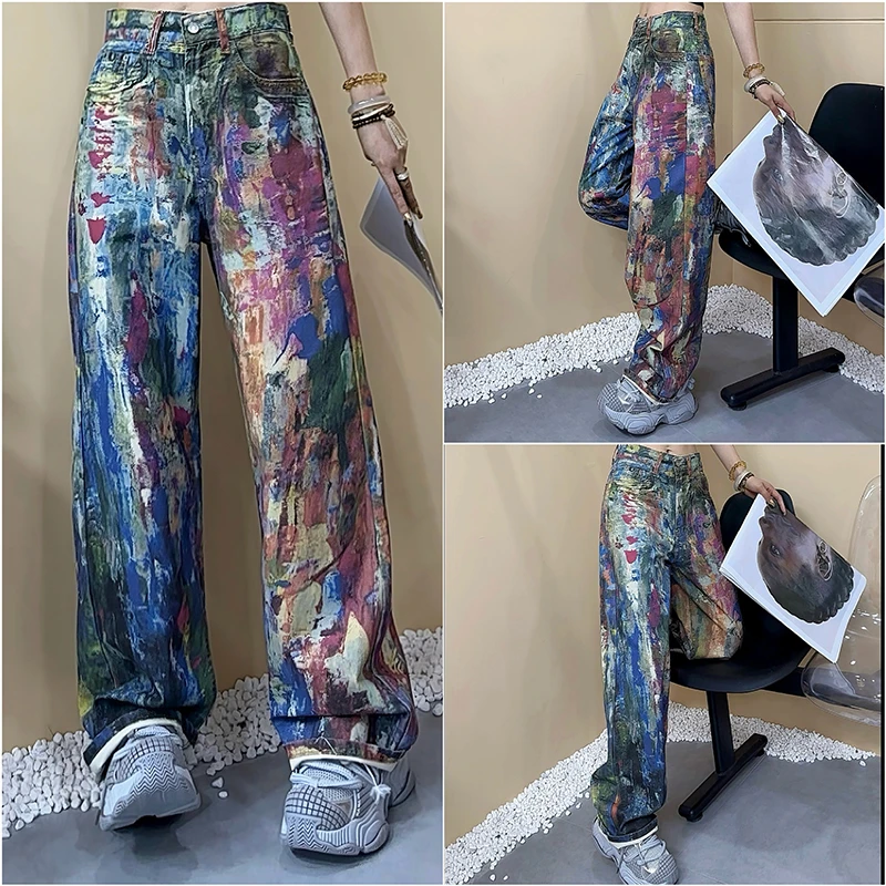 美式复古彩绘牛仔裤2025夏季新款时尚洋气宽松百搭休闲拖地裤3353