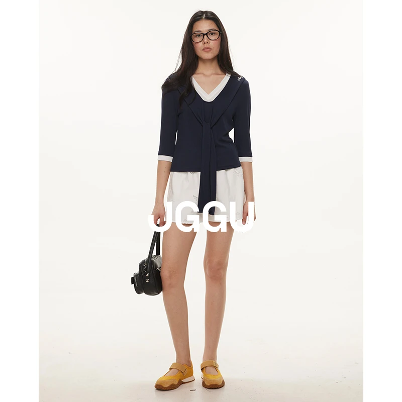 JGGU晶咕黑标【愉悦航行】假两件撞色领绑带短袖T恤女设计感上衣