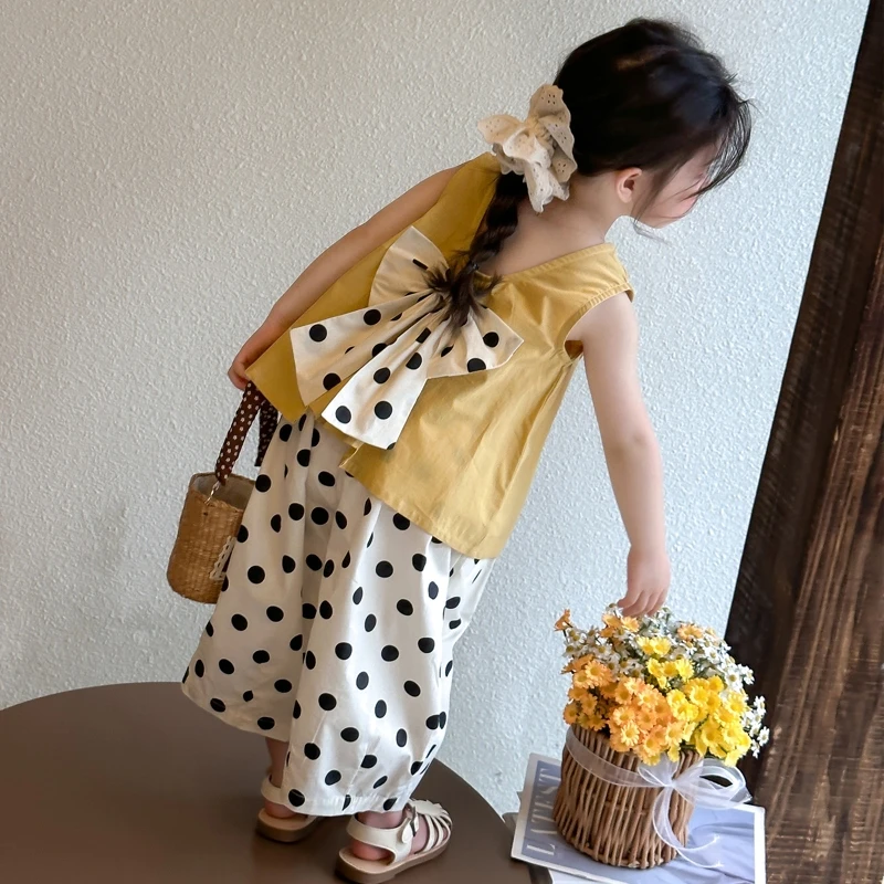 【纯棉】女童洋气夏季套装蝴蝶结公主风波点休闲背心裙子新款韩系潮