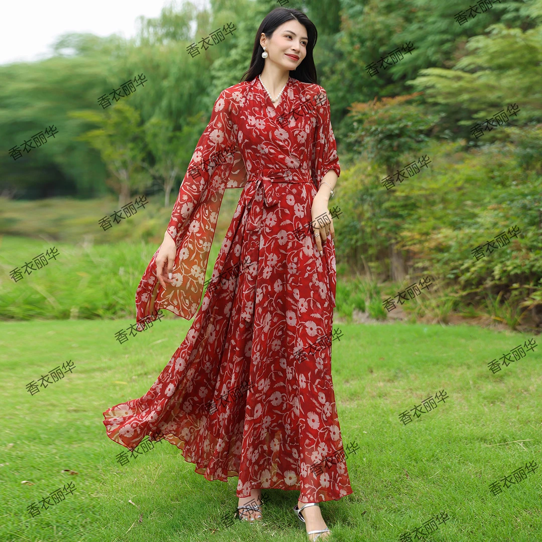 香衣丽华17-391夏季新款V领花色大摆度假沙滩连衣裙修身显瘦