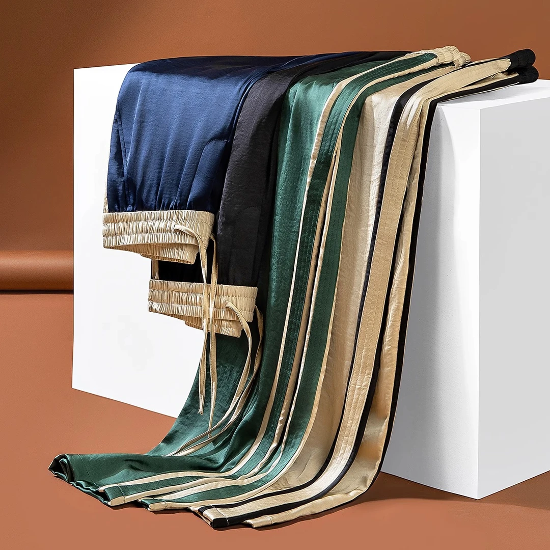 夏季真丝般顺滑醋酸冰丝裤子撞色拼接男士宽松直筒运动卫裤休闲裤