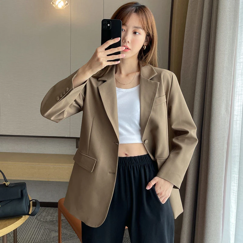 【孤品】韩版时尚复古小个子扣子设计感外套纯色宽松女西装YP9