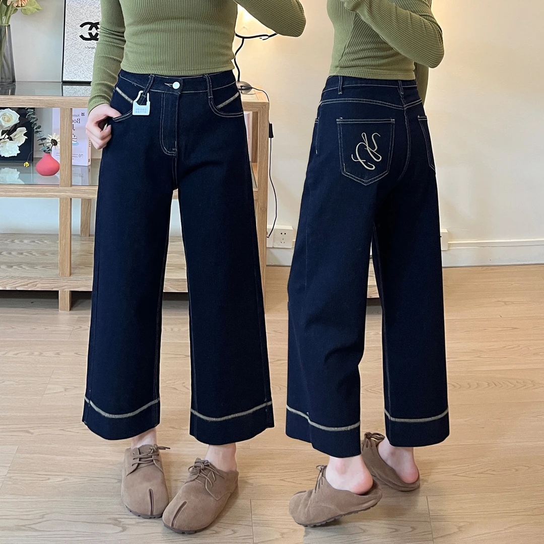 复古深蓝色刺绣九分阔腿裤2025秋季新款梨形小个子显瘦弹力牛仔裤