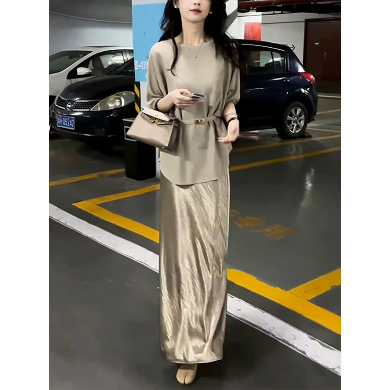 高级感气质休闲套装2025夏季轻薄显瘦上衣高腰遮肉半身裙两件套