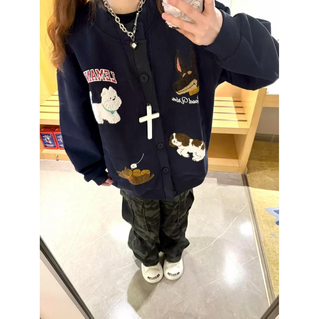 美式复古休闲可爱卡通小狗毛巾绣开衫卫衣女韩系慵懒风宽松bf外套