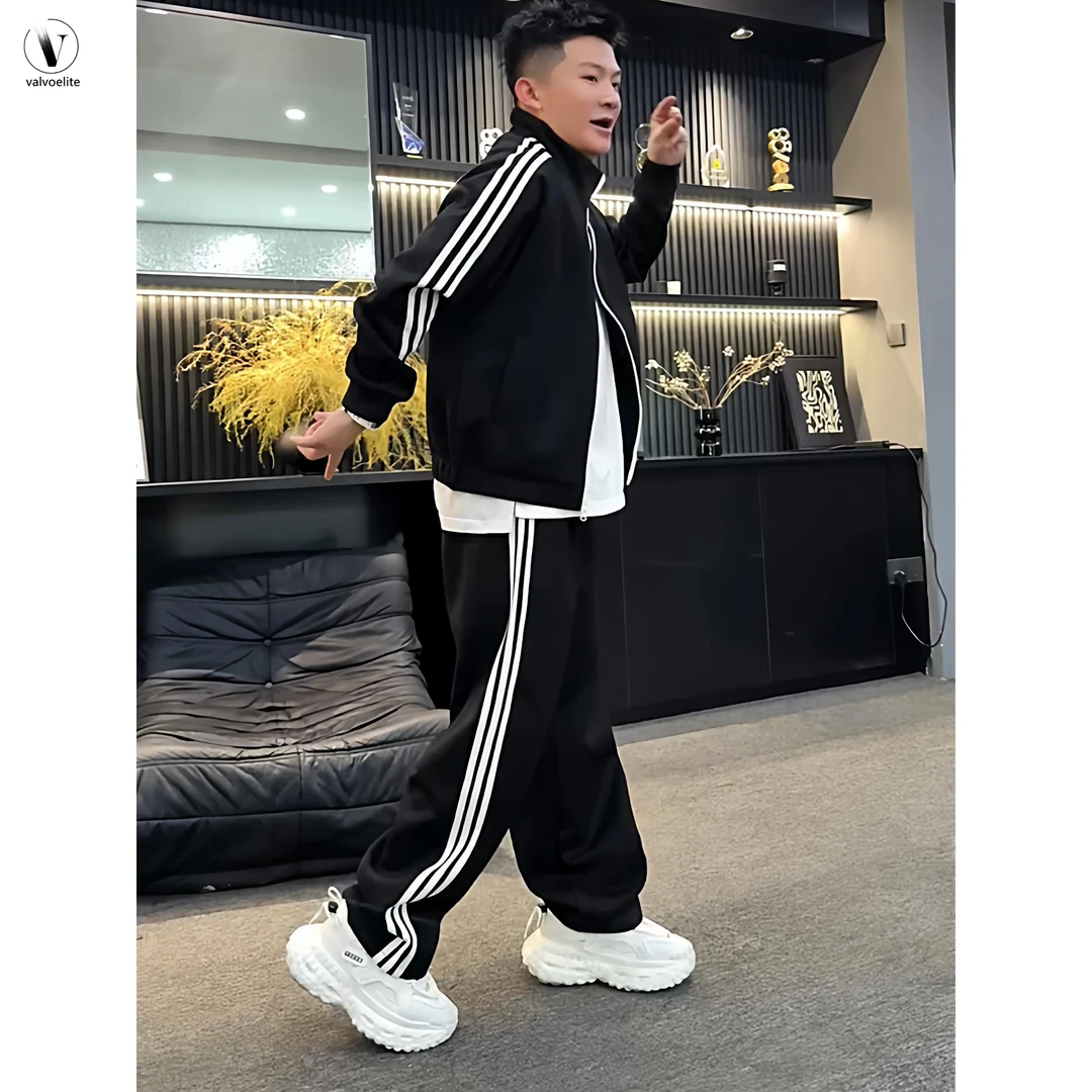 VALVOELITE秋季男士美式撞色条纹休闲运动套装外套休闲裤两件套潮