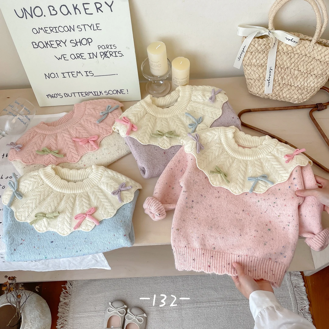 2024秋冬款女童拼色花边领蝴蝶结套头毛衣