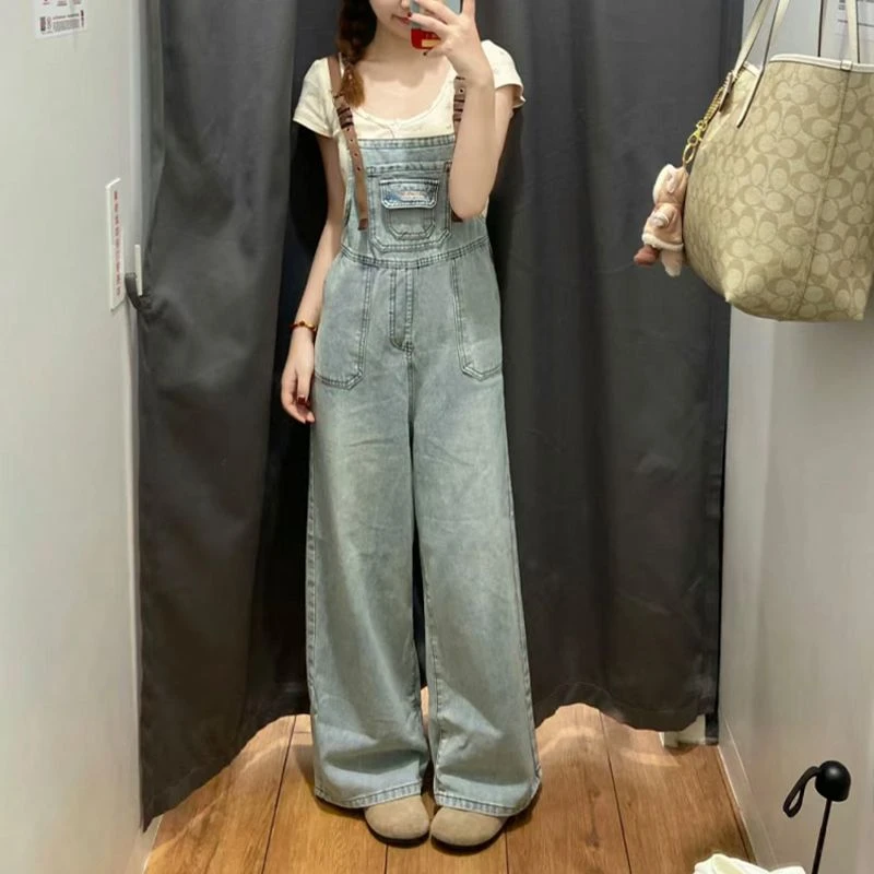 小个子工装背带裤女夏季新款俏皮减龄宽松显瘦休闲直筒牛仔阔腿裤