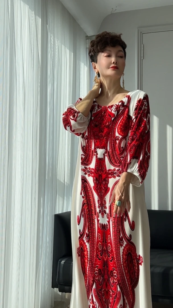 中长款V领套头款宽松套头印花连衣裙8008