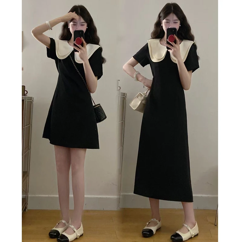 大码女装2025夏季新款法式气质收腰娃娃领拼接黑色洋气显瘦连衣裙