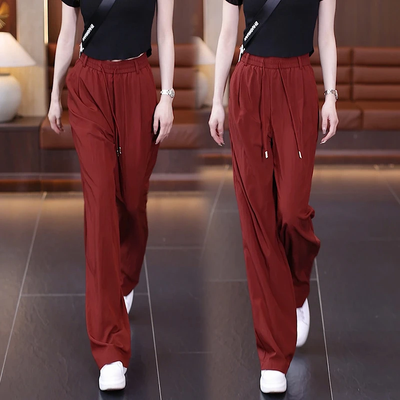 红色山本直筒裤女夏季2025新款薄款冰丝阔腿裤垂感休闲防晒裤子