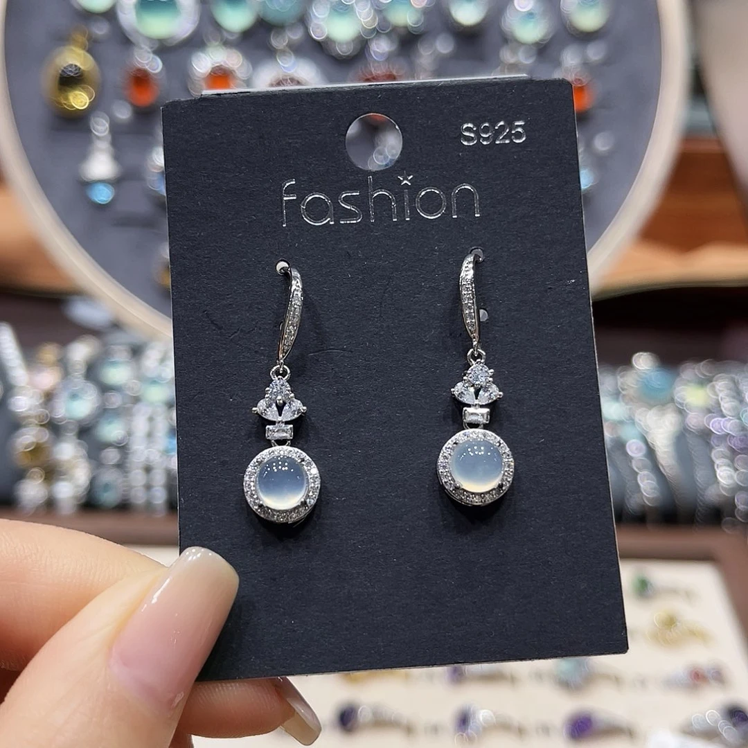 蛇纹石玉银S925镶嵌耳钉