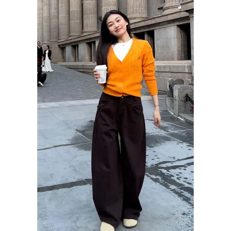 时尚套装早秋韩系高级感V领针织衫上衣高腰休闲阔腿裤显瘦两件套