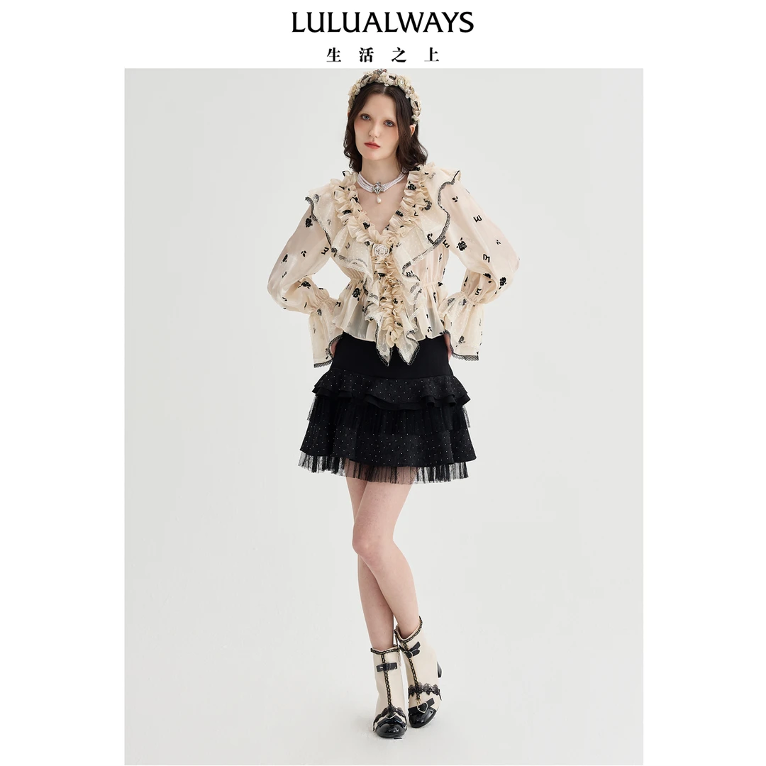 LULUALWAYS【商场同款】25春季新款法式优雅浪漫欧根纱玫瑰衬衫女