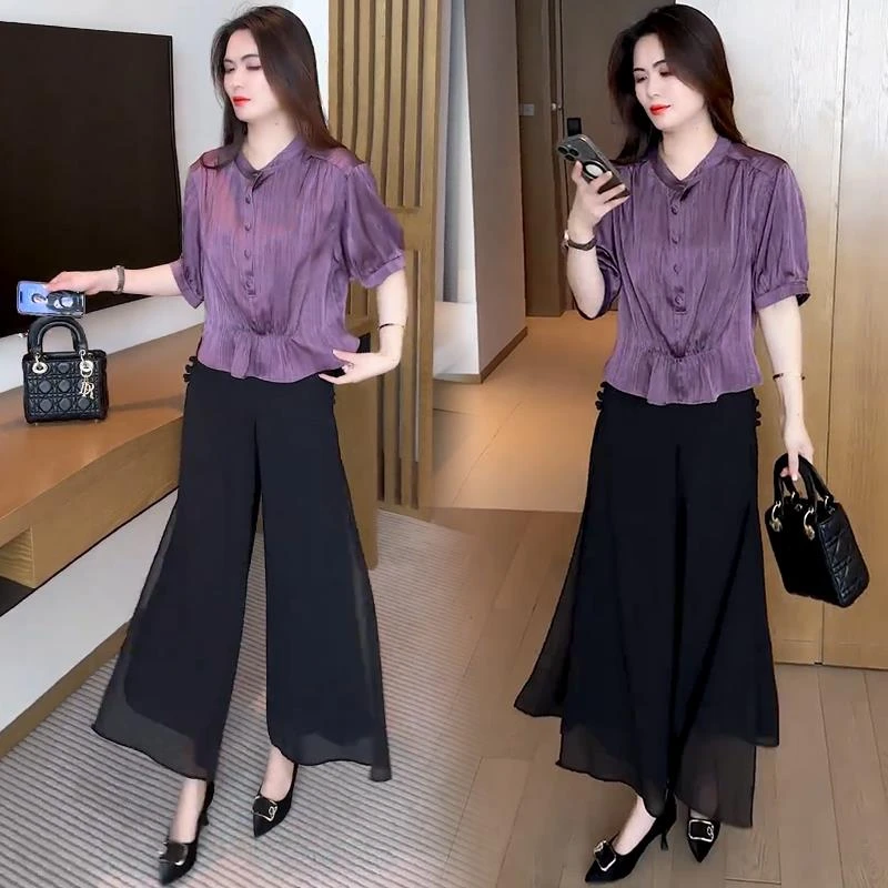 时尚套装女2025夏季新款收腰显瘦短款中袖衬衫休闲阔腿裤两件套潮