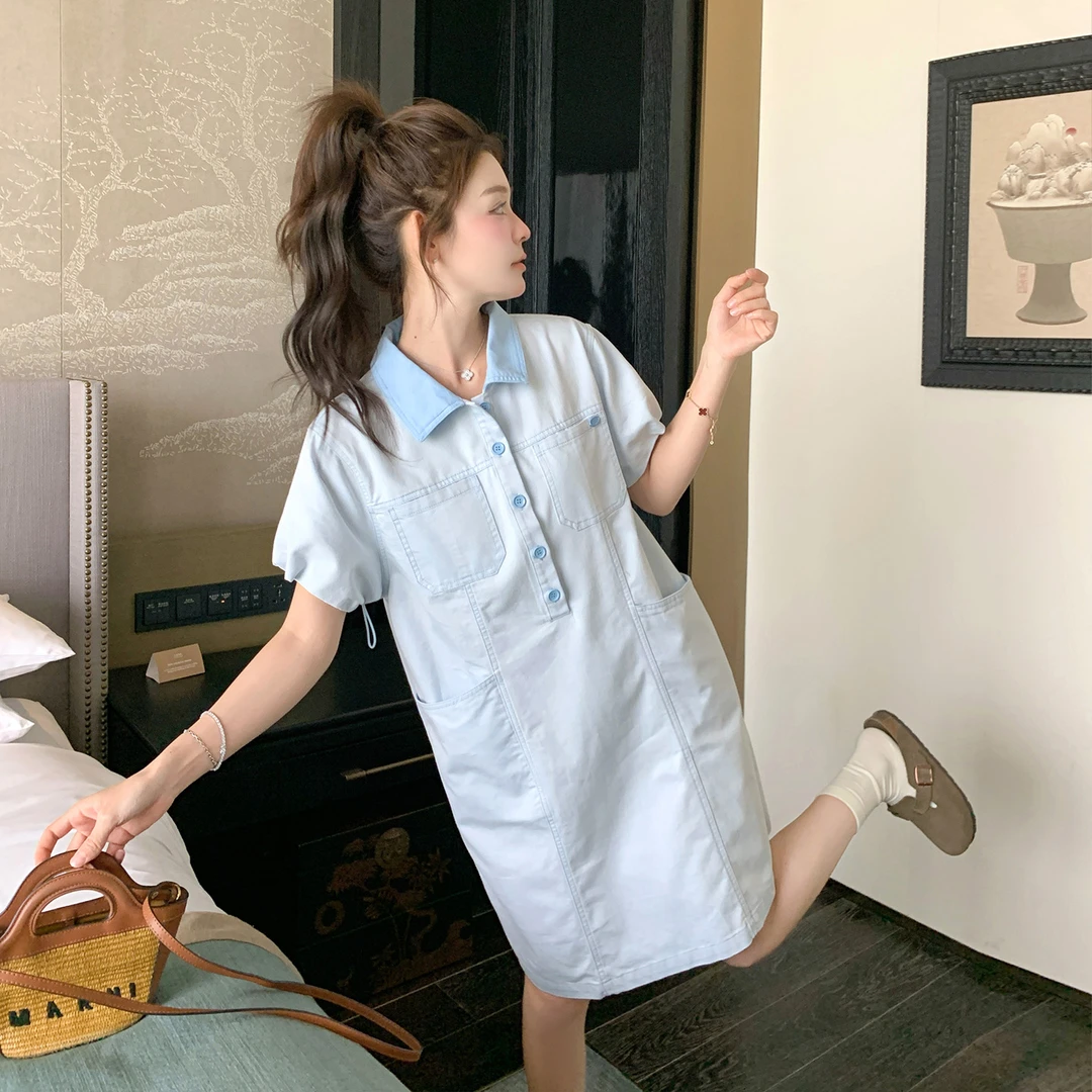 蓝色polo领夏季连衣裙2025新款今年流行爆款小个子休闲工装衬衫裙