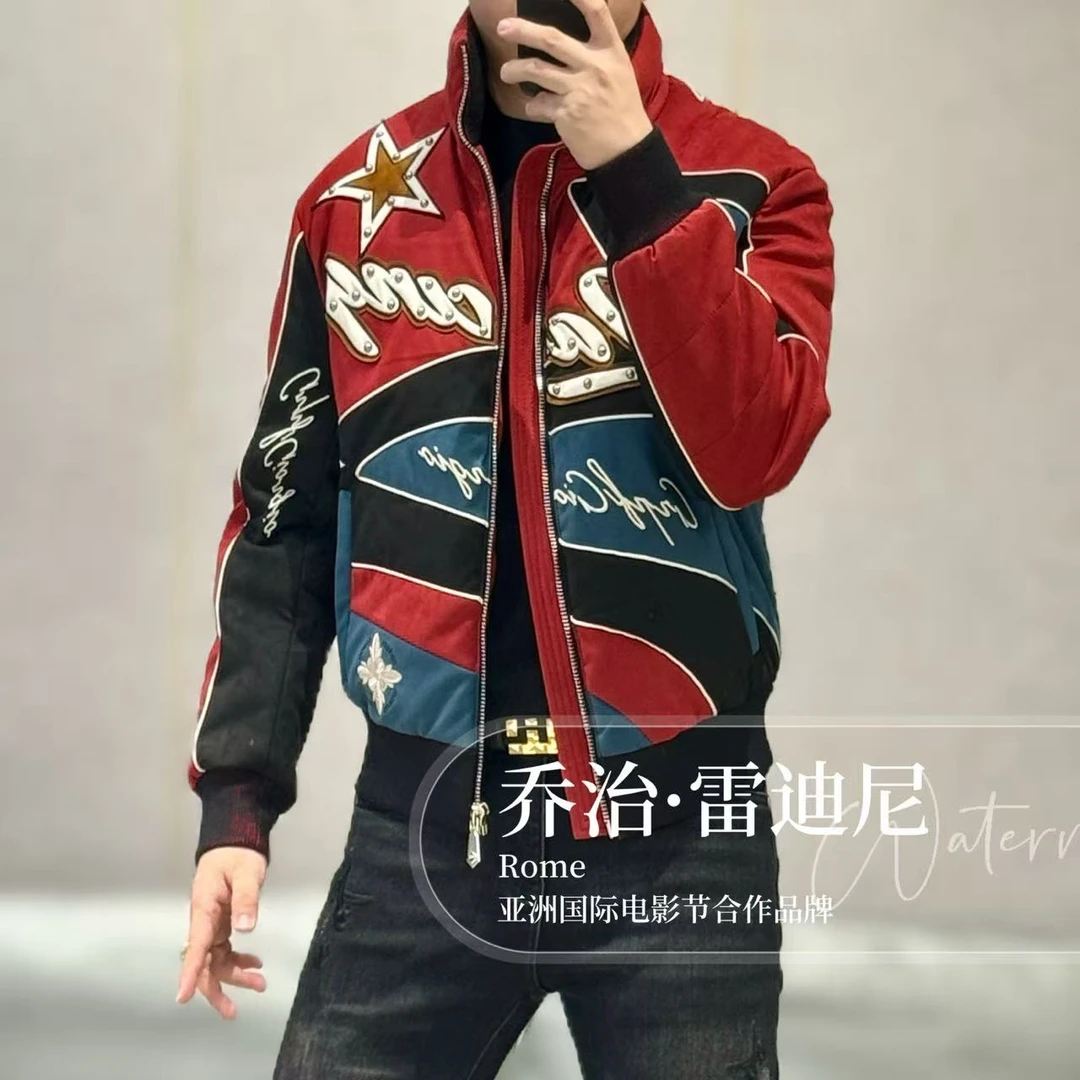 【乔治·雷迪尼】高端男士定制全手工立体真皮拼接羽绒服256624