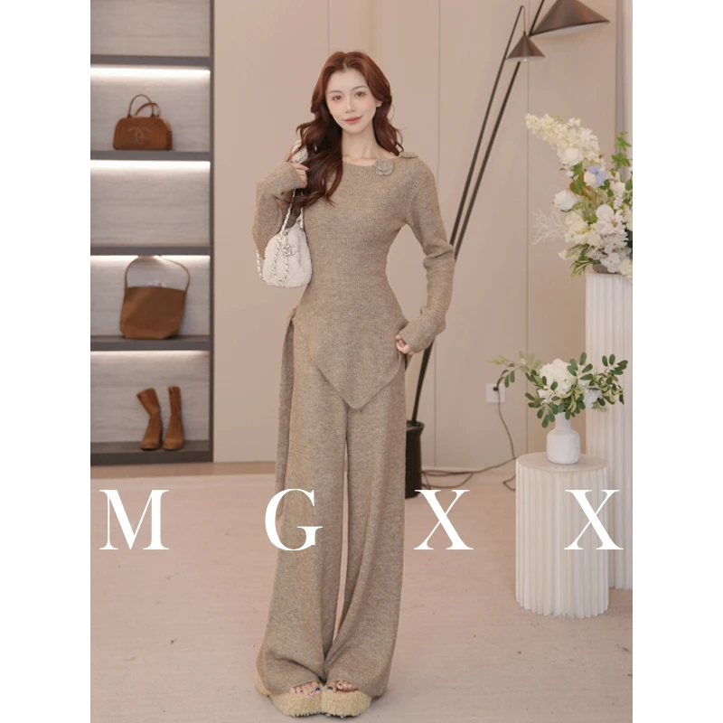 MG小象【暖熔棕调】新款韩系不规则针织上衣半裙 套装 M825X15536