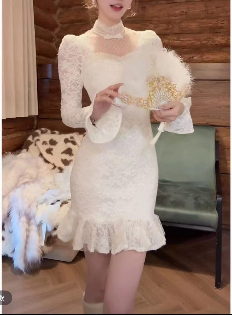 淑雅阁服饰  短款蕾丝性感百搭短款连衣裙1223