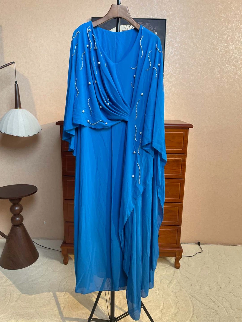 【A109】时尚新款民族风迪拜土耳其重工服饰蓝色褐色长款连衣裙