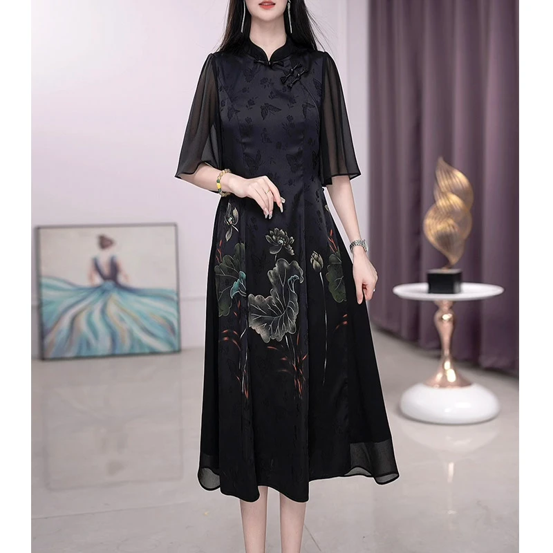 DBF-24A501新款2025轻奢国潮气质复古中长款旗袍连衣裙M-5XL
