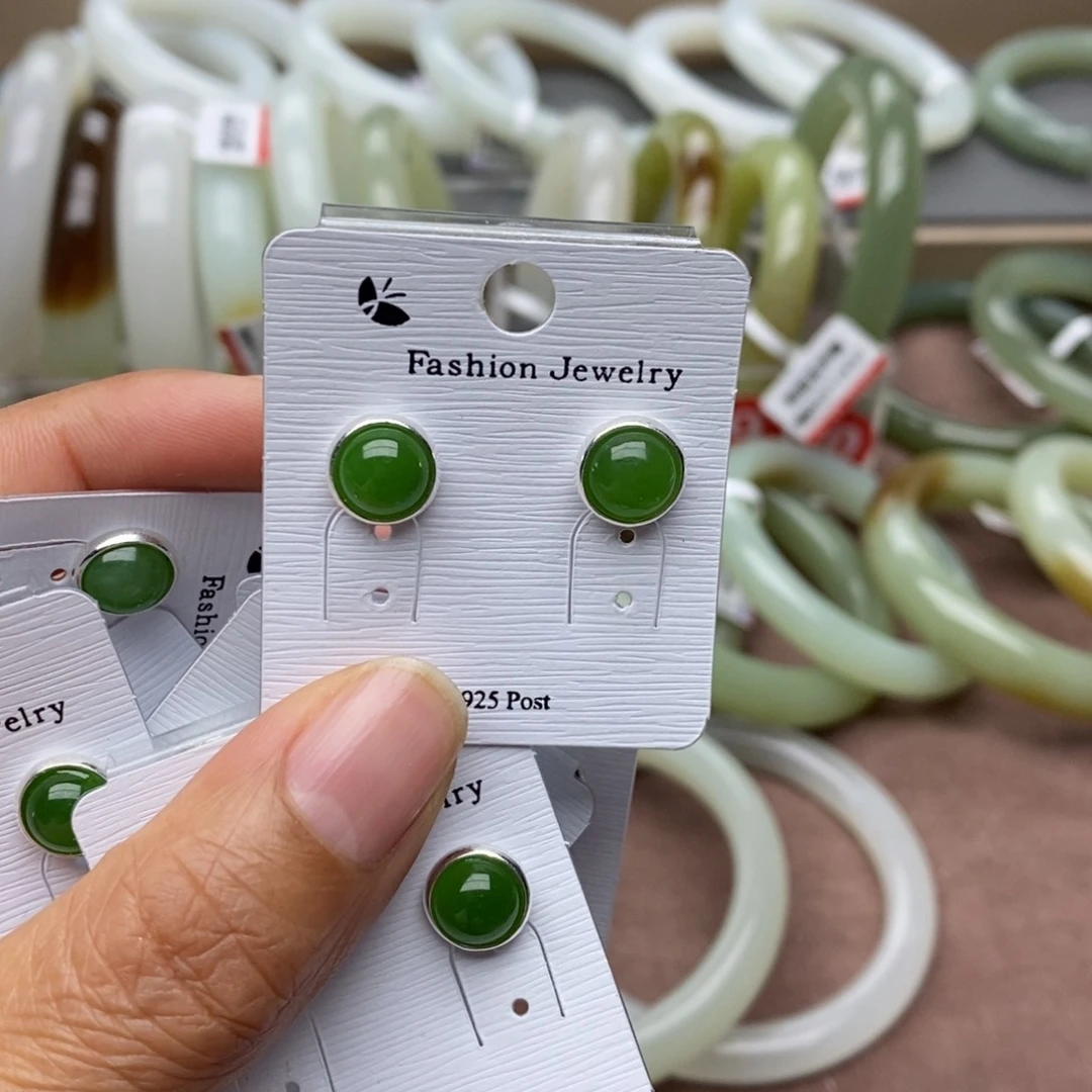 和田玉耳饰银S925镶嵌