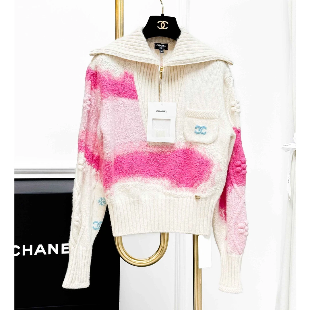 99新 Chanel/香奈儿 34码 白色拼粉蓝色 拉链 长袖 针织 上衣