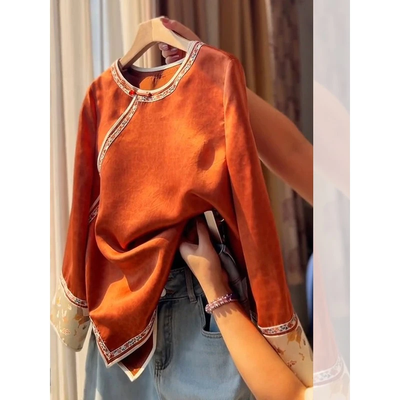 新中式国风重工盘扣衬衫女时尚气质感百搭长袖上衣2025年秋新款