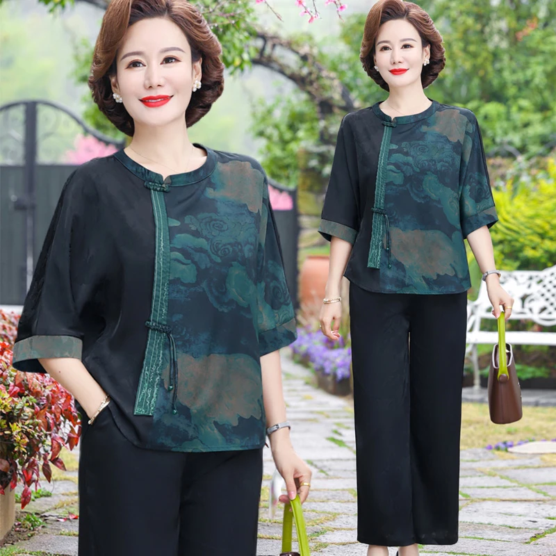 2025新款妈妈装夏季衣服中老年人新中式国风小衫阔太太上洋气套装